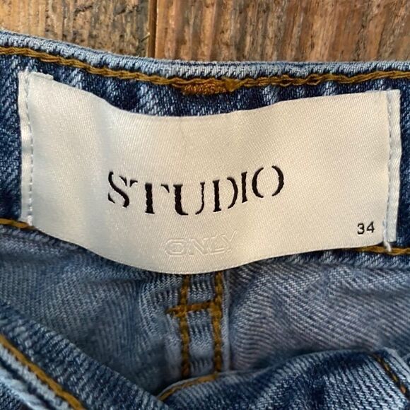 Studio Only 34 Blue Denim HighWaisted Raw Hem Wide Leg Distressed Jeans - Picture 5 of 13